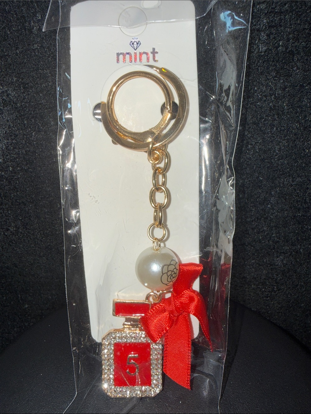 Mint Gold and Red Perfume Bottle Keychain with Pearl and Bow